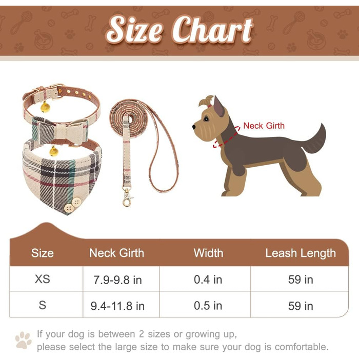 Набір аксесуарів для собак ExPawlorer: нашийник у клітинку з краваткою, рушник на шию, нашийник з дзвіночком та поводок, антизаплутування, регульований, бежевий, X-Small