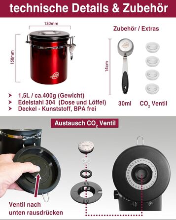 Контейнер для кави Kaffeedose 500г з нержавіючої сталі з дозатором та календарем, 1,5л (Червоний)