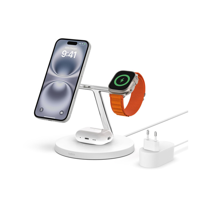 Belkin MagSafe 3-в-1 Бездротова Зарядка: Швидка Зарядка для iPhone, Apple Watch та AirPods (Біла)