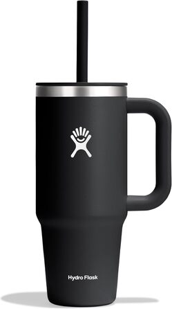 HYDRO FLASK - Travel Tumbler 709ml (24oz) with a Press-In Straw Lid - Stainless Steel - Double-Wall Vacuum Insulation - Splash-Proof Lid - Black