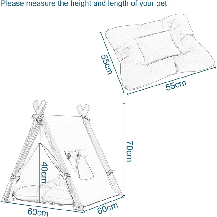 Тент для собак та котів EUGAD Tipi, білий, 60x70x60 см, M. Підходить для маленьких собак та великих котів. Ідеально для дому.