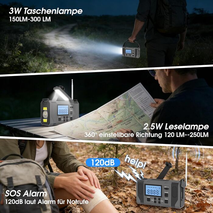 Сонячне радіо з ручним заводом 10000mAh Notfall: AM/FM, ліхтарик, SOS-сигнал, Power Bank, зарядка від сонця/USB/ручки, для кемпінгу, походу, надзвичайних ситуацій, сірий