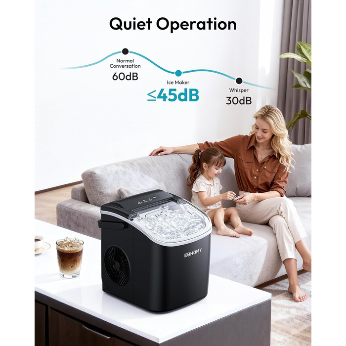 EUHOMY Ice Maker - портативний льодогенератор для дому, кухні, кемпінгу, RV. Швидке приготування (9 кубиків за 6 хв), 12 кг на день, самоочищення, з кошиком та лопаткою.