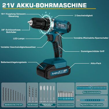 Набір інструментів Sundpey 255 шт. з акумуляторною дриль-шуруповертом 21V - Ящик для інструментів з шуруповертом, акумулятором 2 * 2000mAh, ящик з шухлядою для ремонту дому та автомобіля (Чорний)