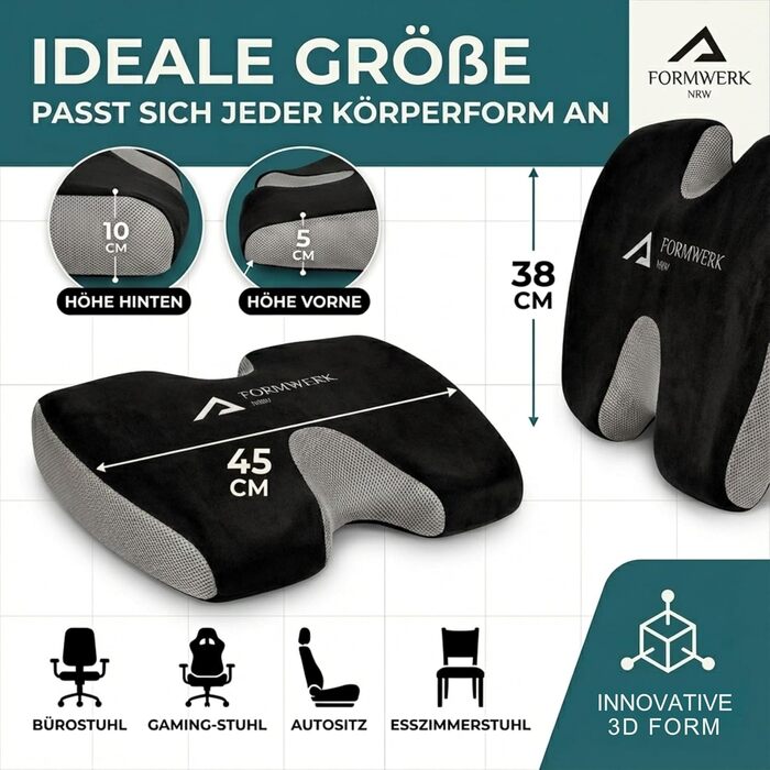 Ортопедична подушка для сидіння Formwerk NRW - Преміум ергономічна подушка для офісу та авто з 3D Memory Foam, сертифікат OEKO-TEX-100 (60-100 кг), чорний