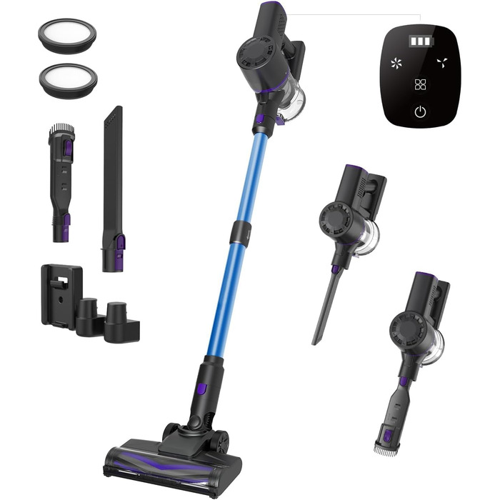 Бездротовий пилосос Vexilar V15Max з функцією миття підлоги, 60KPa/600W/60хв, гнучкий шланг, док-станція, GreenEye, насадка для твердих підлог та шерсті тварин, 1,5л, для килимів та шерсті тварин (Блакитний)