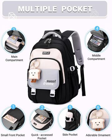 Шкільний рюкзак для дівчаток 2-10 класів, 32L, легкий дитячий рюкзак | Дихаюча спинка | М'які лямки | Брест-стріжка, ранці для школи, рюкзак для підлітків 8+ років (Чорний)