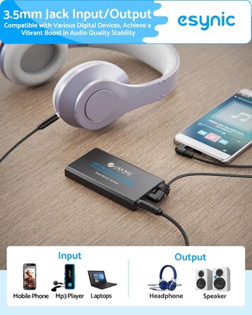 eSynic Професійний підсилювач навушників з підсиленням басів, 16-300 Ом, портативний, 3.5mm, для MP3, MP4, телефонів, комп'ютерів