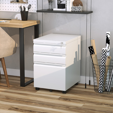 Vinsetto Rolling Storage Cabinet with 3 Drawers and Wheels, Compact Steel with Concave Handle, White 39x48x60cm