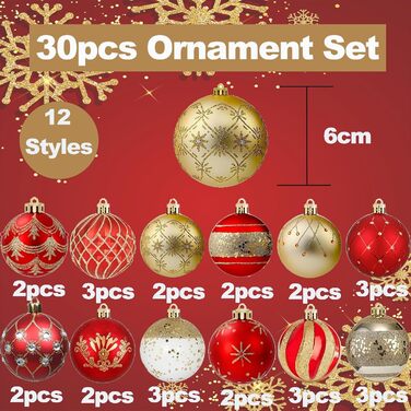 Набір новорічних кулічок для ялинки, 30 шт, 60 мм, пластик, з гачками, для прикраси ялинки, на Новий рік, весілля, свята (червоний, золотий)