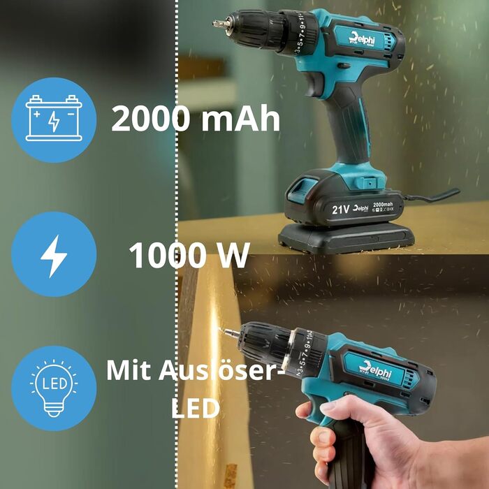 DELPHI 21V акумуляторний шуруповерт Set з 2 акумуляторами, 2 швидкості, 24 ступені крутного моменту, LED-підсвічування, для DIY-проєктів, 41-елементний набір з кейсом