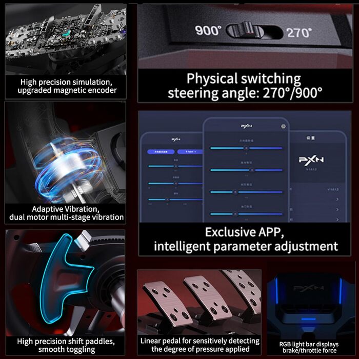 PXN V9 Gen2 Руль для ПК з педалями та перемикачем передач, 270/900° оберт, Магнітний енкодер, Датчик Hall Effect, сумісний з PC, PS4, Xbox One, Xbox Series X|S