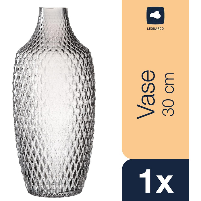 Ваза для квітів Leonardo Poesia, ручної роботи, сіра, скляна, 30 см, з рельєфним декором