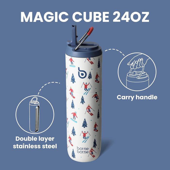 BOTTLE BOTTLE Insulated Stainless Steel Water Bottle 750 ml with Straw, Lid & Handle – Leak-Proof, BPA-Free, Double-Walled – Ideal Water Bottle for Sports, Travel & Fitness (Green) (Skiing)