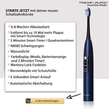 Tristan Auron Electric Sonic Toothbrush - 48,000 Vibrations, 5 Modes, Color Display, USB-C, 6-8 Week Battery, IPX7 Waterproof, 6 Brush Heads + SmartOne Protective Case (Blue) with 4-Pack