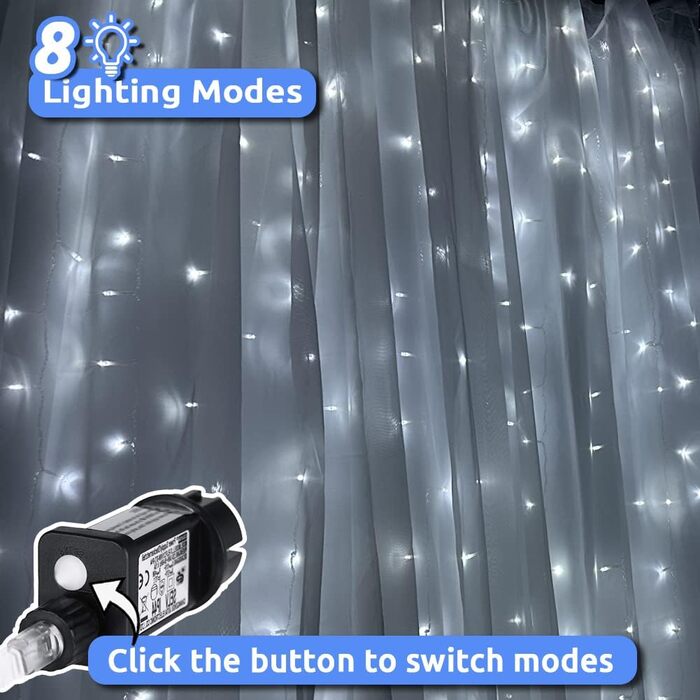 Лампочки-завіса для декору інтер'єру та екстер'єру 300 LED, 3x3м, різдвяне освітлення, 8 режимів, таймер, вологостійка, для вікна, стіни, вечірки, шлюбу, холодний білий