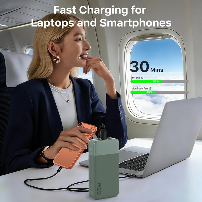 Powerbank NOBIS 20000mAh, 65W, з цифровим дисплеєм, Dual USB-C/USB-A, для ноутбука, телефону, планшета, зелений