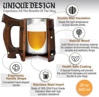 Діжка Wikinger 0.6 л з дуба - середньовічна діжка для пива, кружка, кубок з гравіюванням Молота Тора, рунами. Ідеальний подарунок для чоловіків, дерев'яний кубок з рунами, подарунок на День Святого Валентина