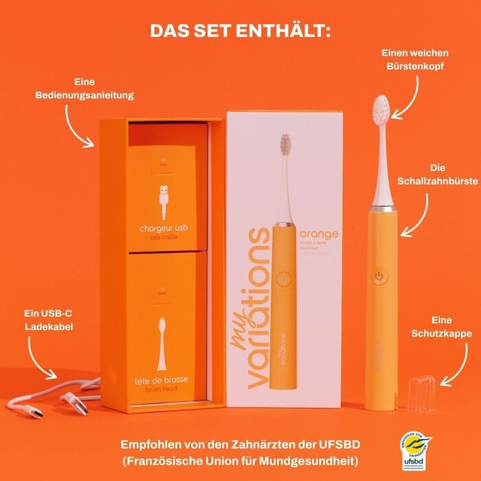 Електрична зубна щітка My Variations: акумуляторна, 5 режимів чищення, таймер 2 хв, чорний/помаранчевий колір