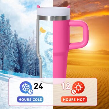 Термокружка ZAKVOP 410мл з трубочкою, кришкою та ручкою, рожева | Термокружка для кави та напоїв на виніс