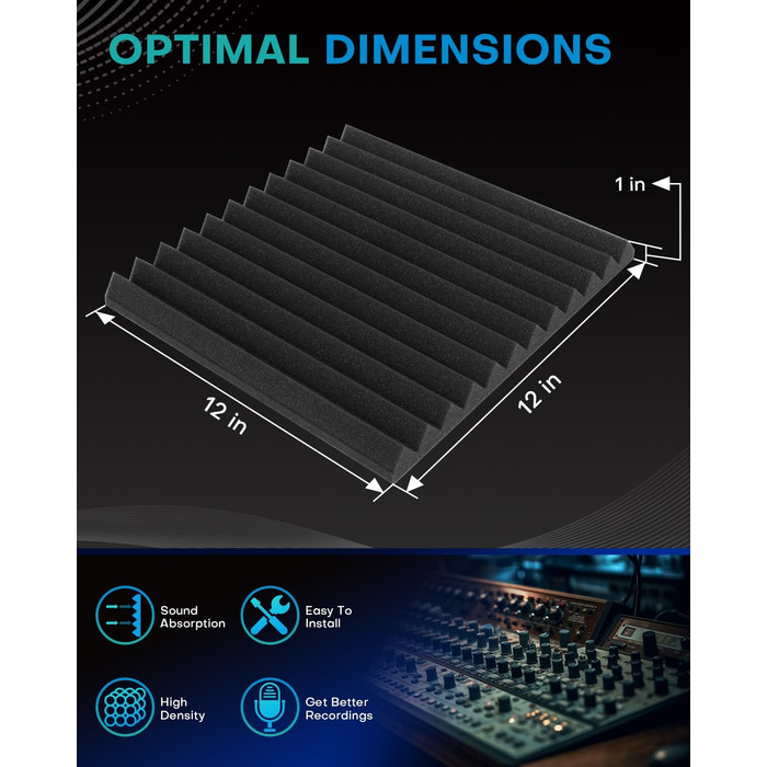 Акустичний поролон Knightsacoustic для звукоізоляції студії, панелі-поглиначі шуму 30x30x2.5 см, чорний (52 шт)
