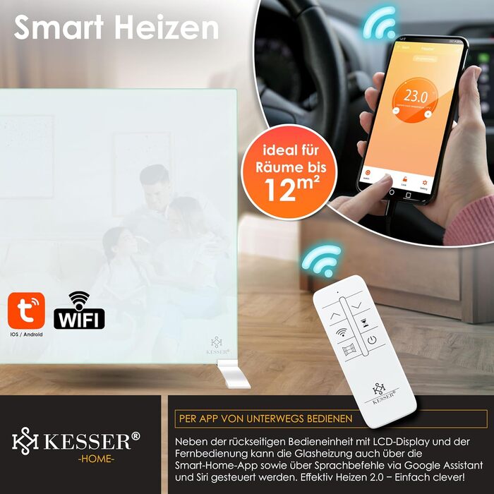 Інфрачервовий обігрівач KESSER® з функцією 2 в 1: підлоговий та настінний. Енергозберігаючий склокерамічний обігрівач з дистанційним керуванням, термостатом, детектором відчинених вікон та керуванням через додаток. Потужність 500W, білий колір.