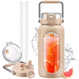 1.9L Glass Water Bottle, Glass Drinking Bottle with Straw and Stainless Steel Handle, Motivational Water Bottle with Silicone Sleeve and Time Marker, Water Jug (Amber2, 1800 ml)