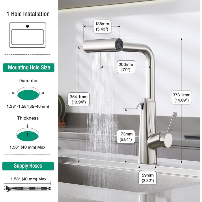 Змішувач для кухні CREA Wasserfall з висувною лійкою, нержавіюча сталь, з дозатором мила, поворотний на 360°, 4 режими струменя, водоспадний ефект