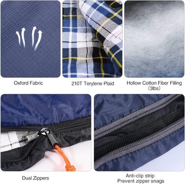 REDCAMP XL Cotton Sleeping Bag - Warm, Removable Hood, Flannel Comfort - 3-4 Season Sleeping Bag for Adults & Kids - Camping, Outdoor, Fishing - Blue (2lbs/3lbs Fill)