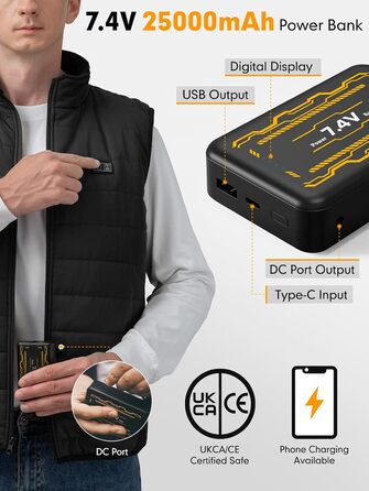 Обогріваючий жилет з підігрівом для жінок та чоловіків, жилетка з акумулятором 7.4V/5.0V, 3 режими температури, 6 зон нагріву, зимовий жилет-куртка, чорний, 25000mAh