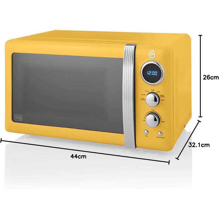 Мікрохвильова піч Swan Retro SM22030YELNEU 20л, жовта, 800W, мікрохвилі з функцією розморожування та таймером 60 хв