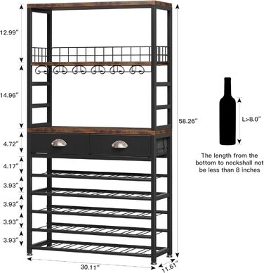 Homeiju Wine Rack, Freestanding Floor, Bar Cabinets for Liqueurs and Glasses, 4-Tier Bar Cabinet with Tabletop, Glass Holder, Storage Drawer and Wine Storage for Living Room, Kitchen, (Retro Black Brown)