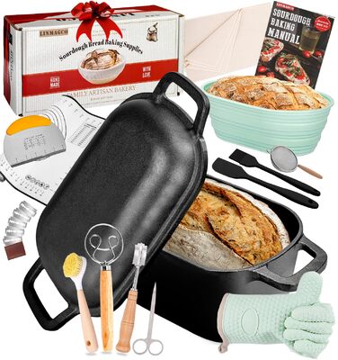 Чавунна форма для випічки хліба з кришкою та кошиком для бродіння – Dutch Oven 4.6л для хліба на заквасці – комплект для випікання, тушкування та смаження – для індукції та духовки