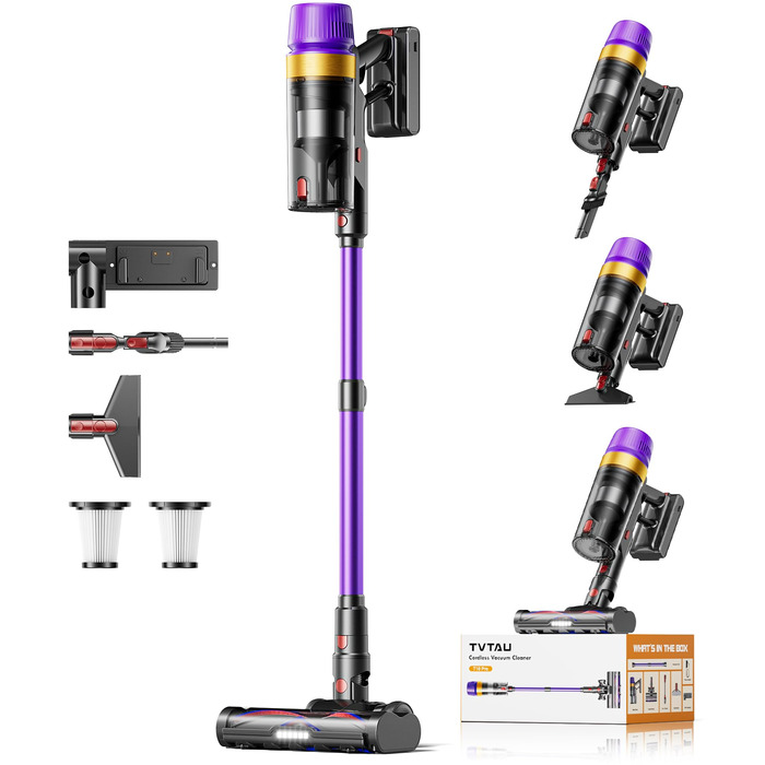 Бездротовий акумуляторний пилосос для видалення шерсті тварин, 1.8 л з дисплеєм, 55000 Па/620 Вт/75 хв, самостійна підставка, антизаплутувальна щітка, для килимів/твердих підлог/автомобіля