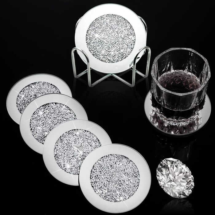 7-Piece Glass Coaster Set, 6 Crystal Coasters with Holder for Drinks, Silver, Glitter, Table, Bar Accessories (round)