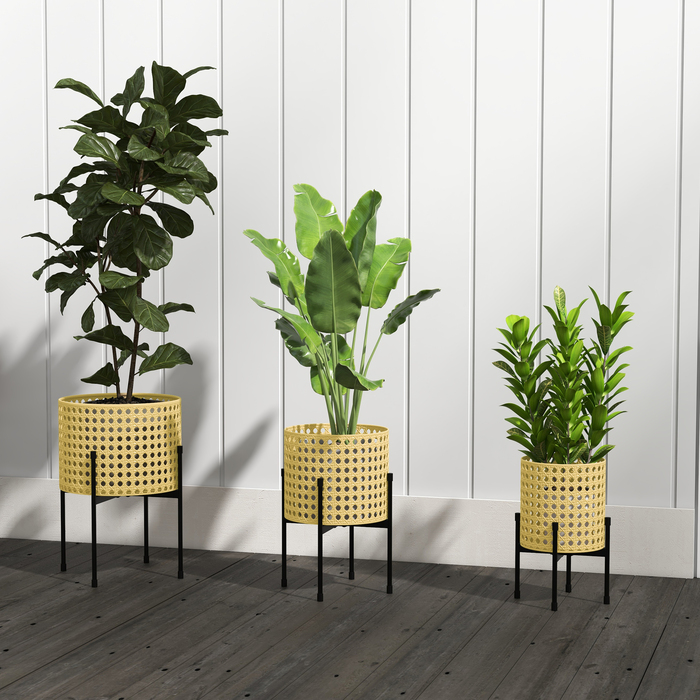 Outsunny 3-Piece Plant Stand Flower Stand with Rattan Look Made of Steel in Gold for Indoor & Outdoor