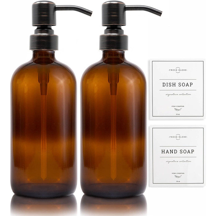 Bernstein Glass Soap Dispensers, 2 Pack, Thick 473 ml Bottles, Stainless Steel Pump, Modern Farmhouse Vintage Glass, Kitchen, with Waterproof Labels (Round Oiled Bronze)