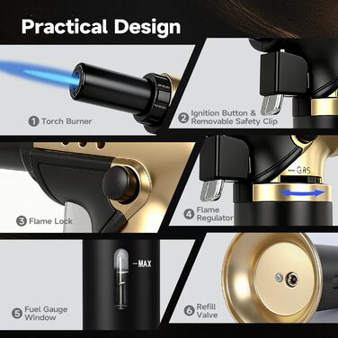 Навігатор Navpeak: заправний бутановий запальник для кухні з турбо-полум'ям, блокуванням полум'я, регулюванням та підставкою для приготування їжі, кемпінгу, золото