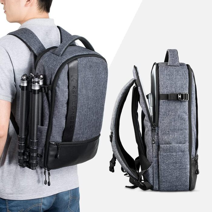 Рюкзак для камери K&F Concept 18L сірий/чорний з відділенням для ноутбука 15.6 дюймів, водонепроникний, для DSLR/штатива/аксесуарів