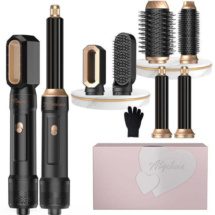 Набір для укладки волосся Atopskins 6 в 1: фен, плойка, щітка для об'єму | 1000W, чорно-золотий