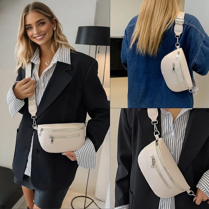 Жіноча сумка через плече з відділенням для дрібних грошей, шкіряна бананка, середнього розміру, з широким регульованим ремінцем. Ідеальна для фестивалів, подорожей та повсякденного використання. Білий колір.