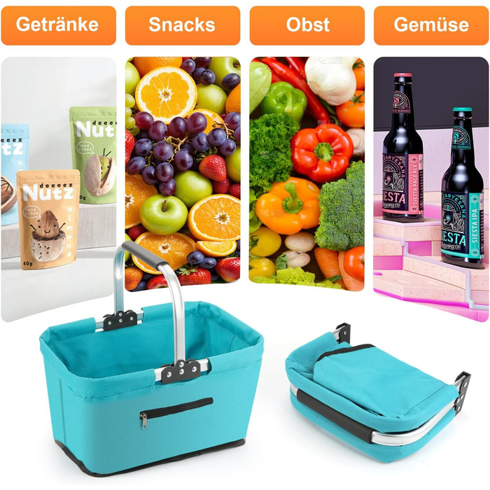 Складаний кошик для покупок 25L з м'якими ручками та кишенею на блискавці, блакитний