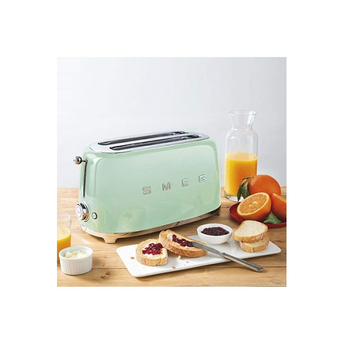 Тостер Smeg TSF02PBEU - 2 відділення для 4 скибочки хліба, 6 рівнів підсмажування, функція підігріву, розморожування та Bagel, знімний піддон, 1500W, пастельно-блакитний (пастельно-зелений)