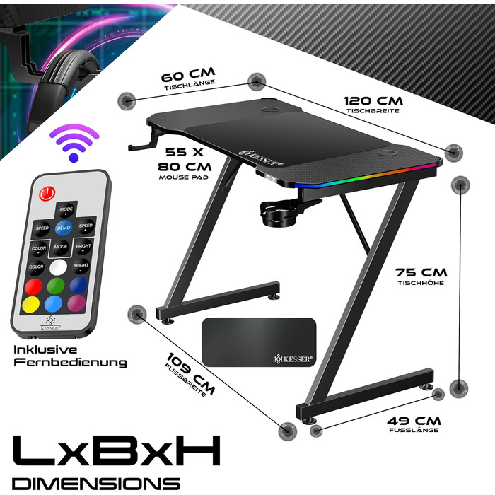 Ігровий стіл KESSER Gaming 120x60 см, Z-подібний комп'ютерний стіл з вуглецевим покриттям, підсвіткою LED, підставкою для напоїв та гачком для навушників, чорний