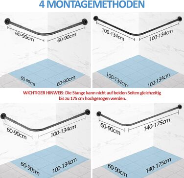 Штанга для душу L-подібної форми, регульована 60-134 см, з кріпленням для штори та опорою для стелі, чорна. Підходить для ванни/ванної кімнати. Потрібно свердління.