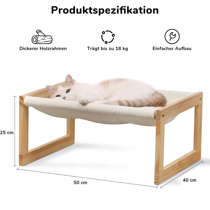 Cat bed and dog bed, elevated, large, and breathable, made of high-quality birch plywood, 53W x 42L x 25H cm - Ideal for cats and small dogs (white)