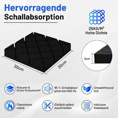 Акустичний поролон для шумоізоляції, звукопоглинаючі панелі 7.5 x 30 x 30 см, самоклеючі шумоізоляційні плити (24 шт) + 150 двосторонніх клеячих подушок