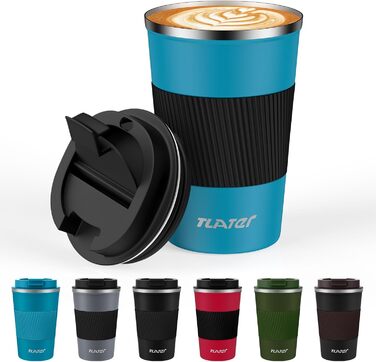 Термокружка для кави з кришкою, 380 мл, з подвійними стінками, з нержавіючої сталі, блакитно-чорна