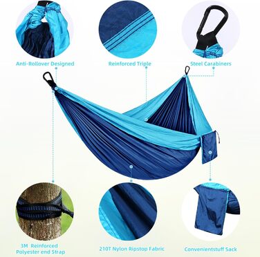 Гамак для відпочинку на природі: міцний, легкий, для кемпінгу, 300 кг, 300x200 см, односпальний/двоспальний, з нейлону, дихаючий, зелений/блакитний