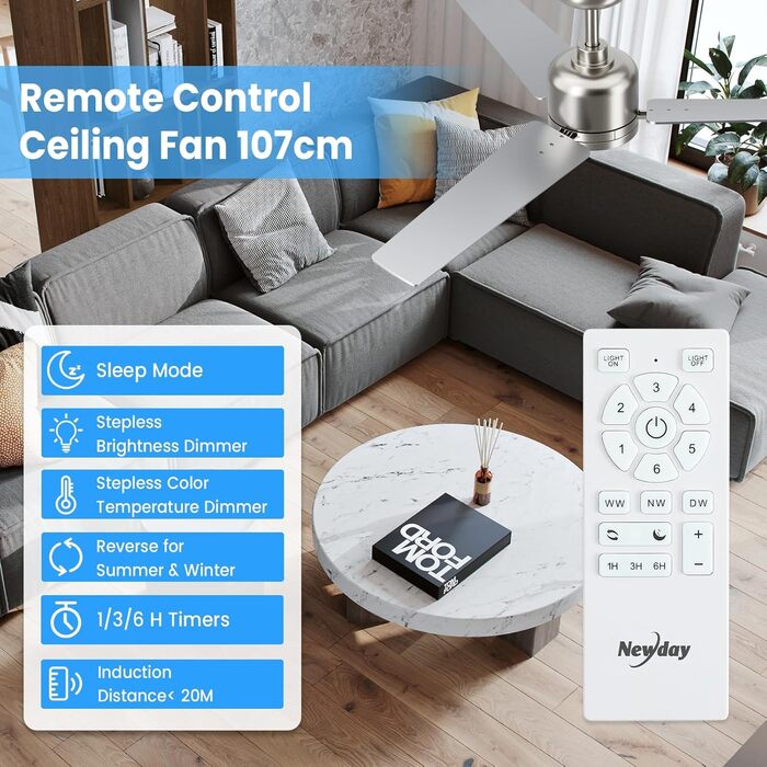 Стеляний вентилятор Newday білий, 122 см з підсвіткою та пультом керування. Безшумний вентилятор для стелі з лампою, регульована яскравість, DC мотор, реверсивний для спальні та вітальні (107-silber-holz)